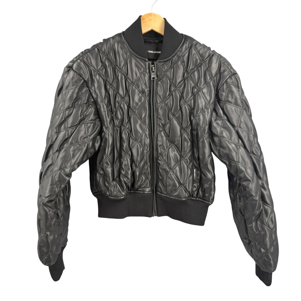 Karl Lagerfeld Quilted Bomber Womens XS Black Faux Leather Size XS New